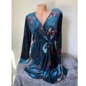 Teal Blue Floral Tunic Dress, Size XL